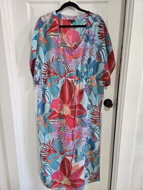Women's Talbots Floral Swim Coverup Dress Size L Blue Pink
